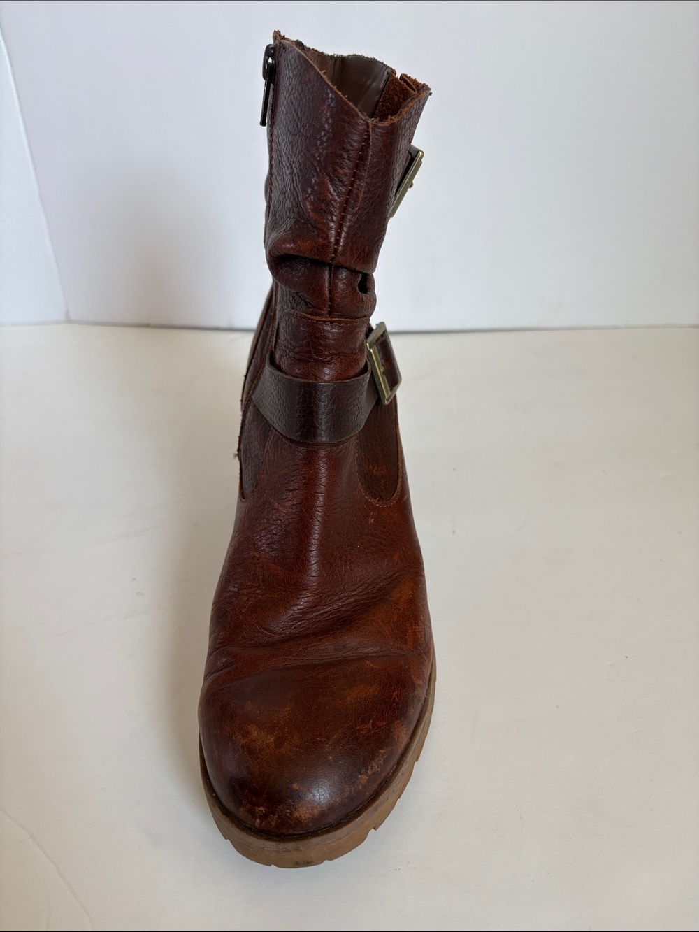 Korks burgundy brown ankle slouch leather moto boot gold hardware zip close - Picture 8 of 16
